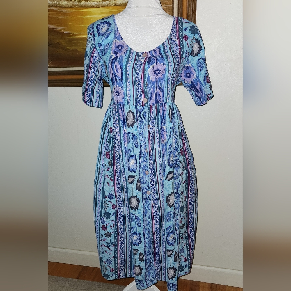 Vintage 1980s Blue Cotton Printed Shortsleeve Summer Dress by Phases